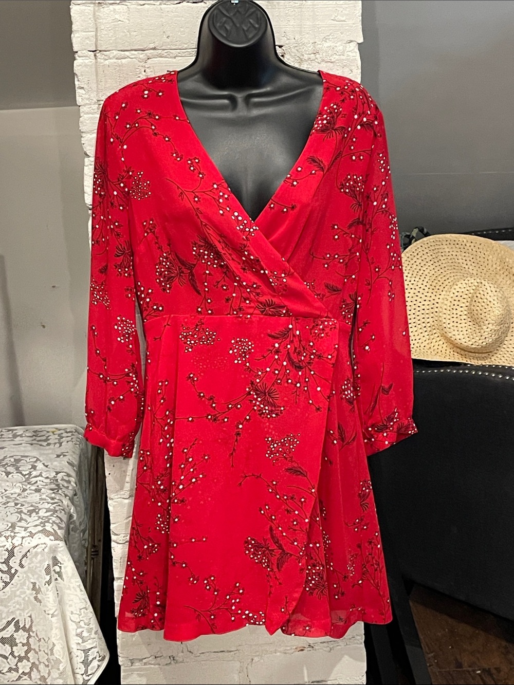 Madewell Red Floral Wrap-Style Long Sleeve Dress